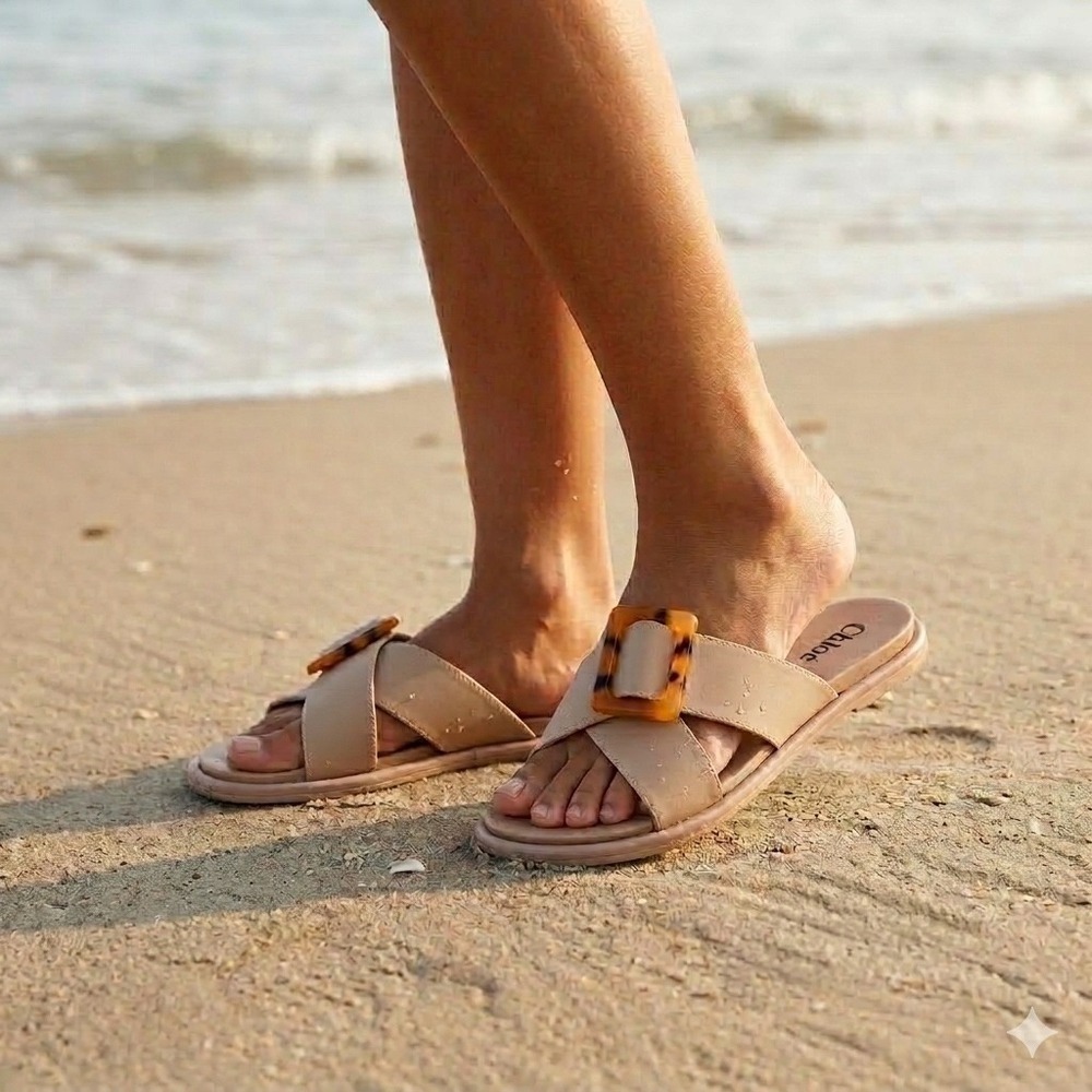 OluKai Tan Slide Sandals with Tortoiseshell Buckle